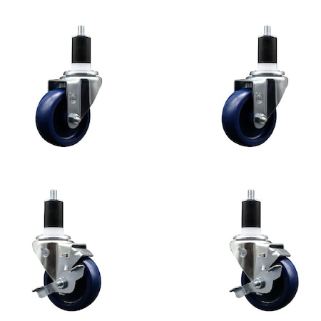 Service Caster 3.5'' SS Solid Poly Wheel Swivel 1-1/2'' Expanding Stem Caster Set 2 Brakes, 4PK SCC-SSEX20S3514-SPUS-2-TLB-2-112
